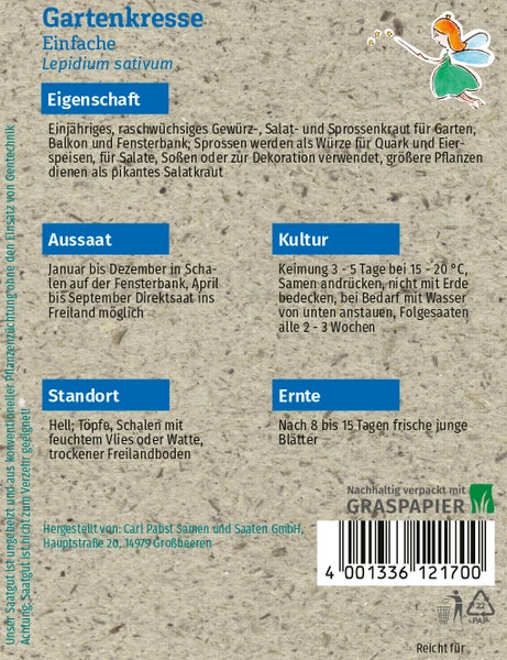 Rückseite einer Samentüte für Gartenkresse mit Anbauhinweisen zu Aussaat, Standort und Ernte sowie Siegel für nachhaltige Verpackung aus Graspapier.
