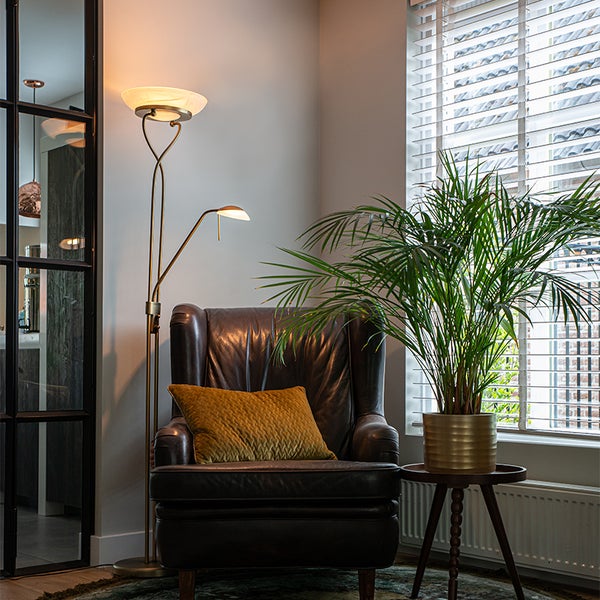 Leseecke mit Ledersessel, Stehlampe und Zimmerpflanze