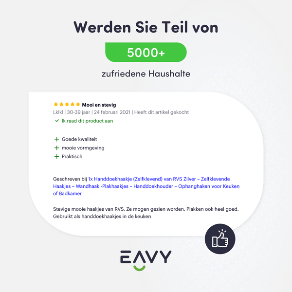 EAVY Logo. Werbeanzeige mit über 5000 zufriedenen Haushalten und einer Fünf-Sterne-Kundenbewertung für selbstklebende Handtuchhaken.