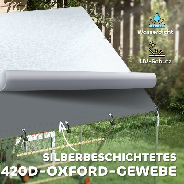 PawHut Hühnerstall Freilaufgehege aus Stahl, 300 x 200 x 195 cm Hühnerkäfig mit UV-beständiger Abdeckung, Futtertür, Hängefütterung, Sitzstange, Hühnergehege für 6-8 Hühner, Kleintiere, Silber