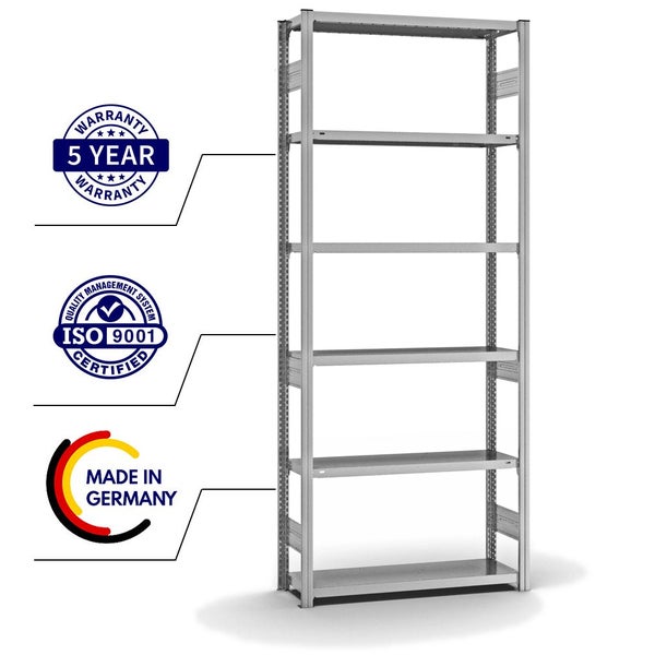 PROREGAL Fachbodenregal Stecksystem T-Profil Heavy-Duty Grundregal HxBxT 250 x 100 x 30 cm 6 Ebenen Fachlast 300 kg Beidseitig Nutzbar Verzinkt