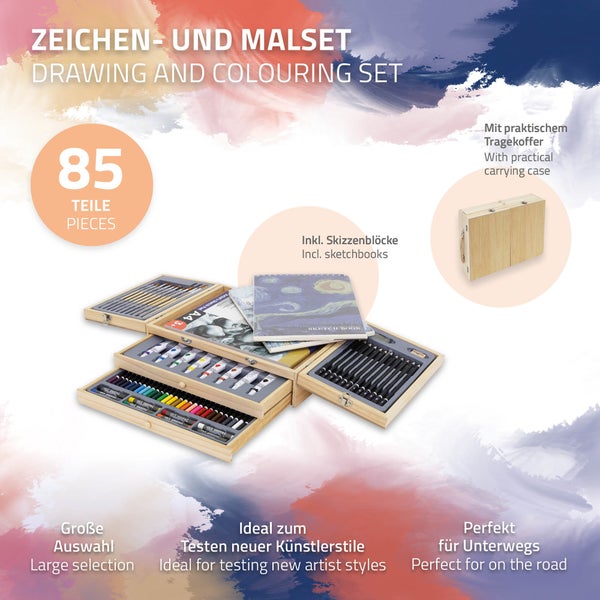 ECD Germany Malset Koffer 85-teilig, Künstlerset Maler, inkl. 3 Zeichenblock, Acrylpad & Zubehör, Malkoffer Kunstbedarf in tragbarer Holzkiste, Professionelles Kunstset, Zeichenset, Holzkoffer Etui