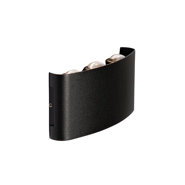 Gebogene LED-Wandleuchte aus schwarzem Metall mit Linseneffekt für gezielte Lichtstrahlen nach oben und unten.