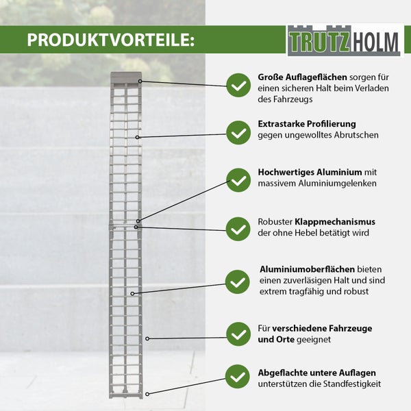 Trutzholm Auffahrrampe aus Aluminium mit klappbarem Design und rutschfester Profilierung für sicheres Verladen bei verschiedenen Fahrzeugen.