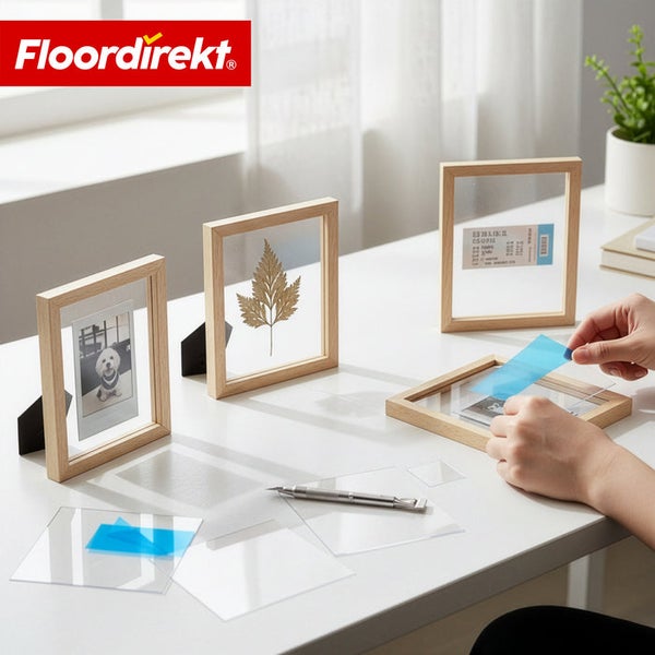 Floordirekt Logo. Holzbilderrahmen auf einem Schreibtisch mit Foto, Blatt und Ticket. Eine Person setzt ein Bild in einen Rahmen ein.