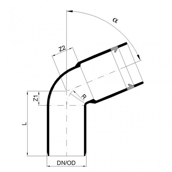 Technische Zeichnung eines Abwasserrohrbogens mit Maßangaben für Durchmesser, Länge, Radius und Winkel.
