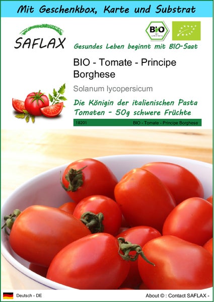 SAFLAX Geschenk Set - BIO - Tomate - Principe Borghese - Solanum lycopersicum - 10 Samen - Mit Geschenkbox, Versandaufkleber, Geschenkkarte und Anzuchtsubstrat