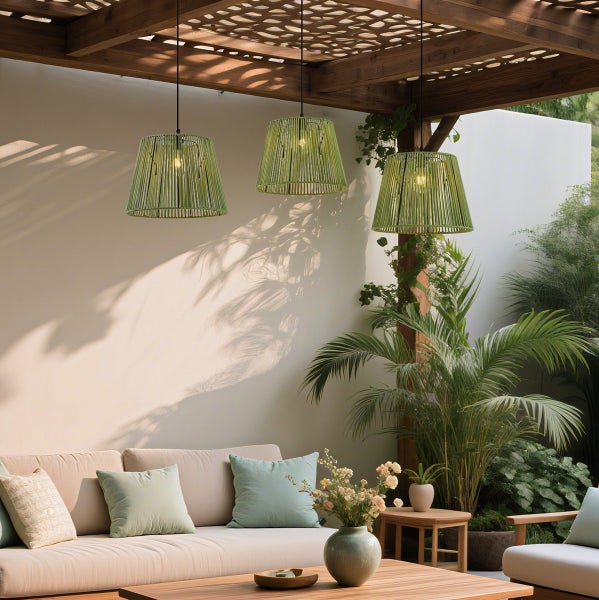 Drei grüne Pendelleuchten aus Kordel hängen unter einer Holzpergola in einem hellen Loungebereich mit Sofa und vielen Pflanzen.