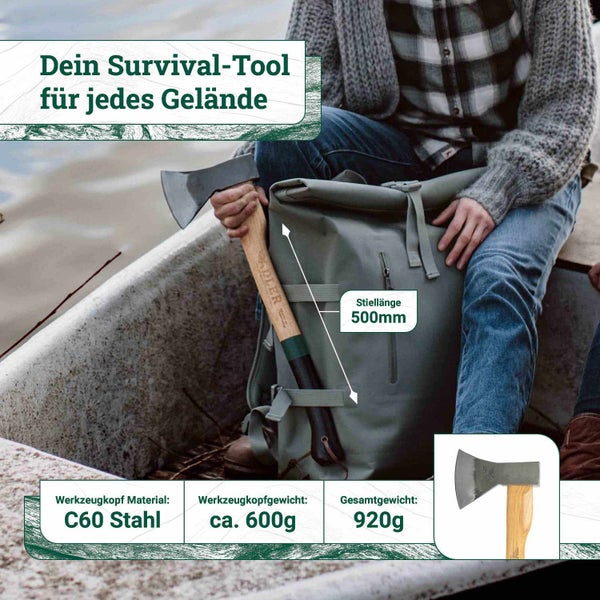 Outdoorbeil von Adler mit Holzstiel, 500 Millimeter Länge, Axtkopf aus C60 Stahl, Gewicht 920 Gramm, ideal für Survival und Camping.