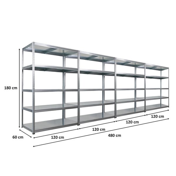 Langes Metallregal mit den Massen 180 cm Höhe, 60 cm Tiefe und 480 cm Breite