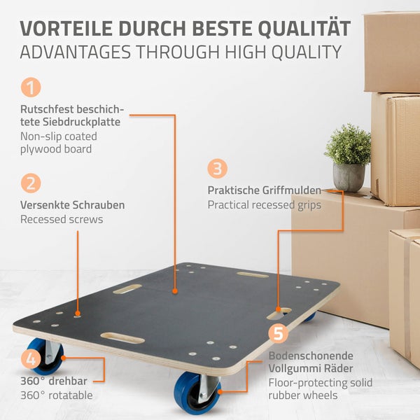 ECD Germany 2er Set Transportroller 60x80 cm, bis 800 kg Siebdruckplatte/PP-Räder, Transporthilfe für Umzug, Rollbrett Möbelroller Möbel-Transport Möbelhund Rollwagen Roller Transporter Transportwagen