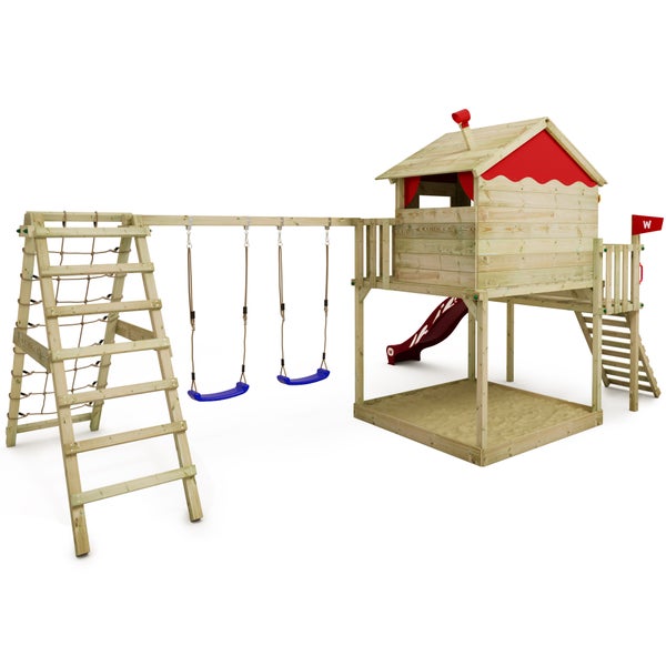 WICKEY Spielturm Klettergerüst Smart Ocean mit Schaukel und Rutsche, Stelzenhaus mit Sandkasten, Kletterleiter und Spiel-Zubehör - rot
