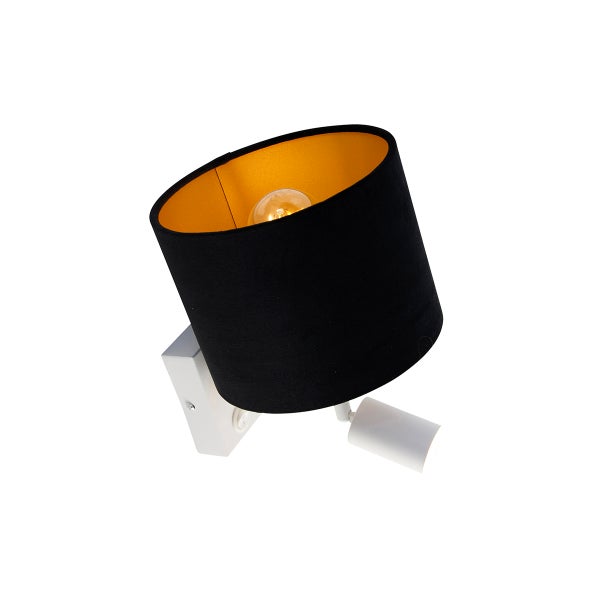 Schwarze Stoff-Wandleuchte mit Goldton-Innenseite und weißem Sockel