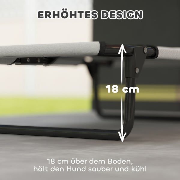 Erhöhtes Hundebett mit 18 Zentimeter Bodenabstand für Sauberkeit und Kühlung.