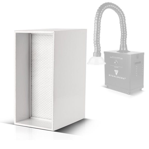 Weißer rechteckiger Ersatzfilter für Schweißrauchabsaugung mit feiner Netzoberfläche.