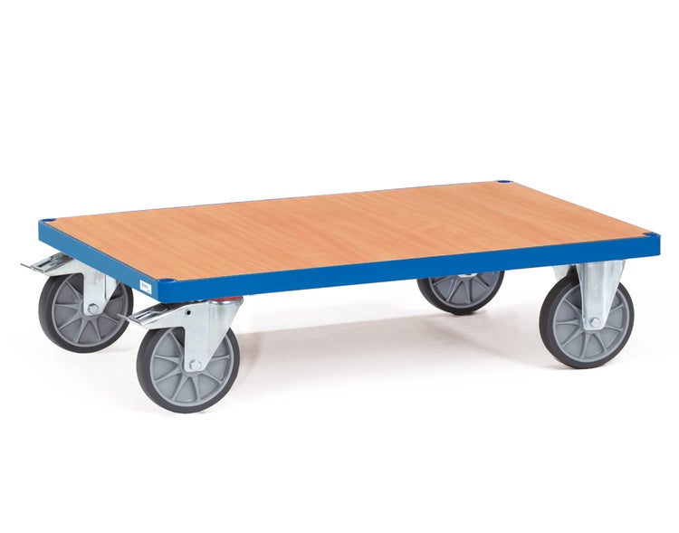 Transportwagen mit Holzplatte und blauer Umrandung