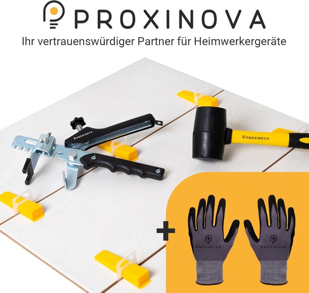 Proxinova Fliesen-Nivelliersystem 2mm, 400-Teile-Kit: 300 Fliesenausgleichsclips, 100 Keile | Fliesennivellierzange, Gummihammer, Arbeitshandschuhe