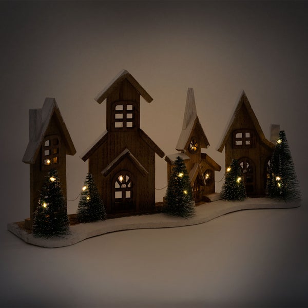 ECD Germany LED Holz Weihnachtsdorf, 56x13x27 cm, 25 LEDs warmweißes Licht, Weihnachtsdekoration, Winterdorf batteriebetrieben (2xAA), Weihnachtsstadt, Deko Häuser, Weihnachtsszene mit Beleuchtung