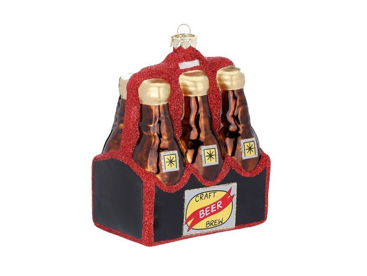 Weihnachtsbaumschmuck aus Glas in Form eines Sixpacks mit Craft Beer Flaschen