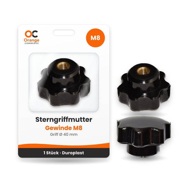 Sterngriffmutter M8 aus Duroplast mit 40 Millimeter Griffdurchmesser in Verpackung