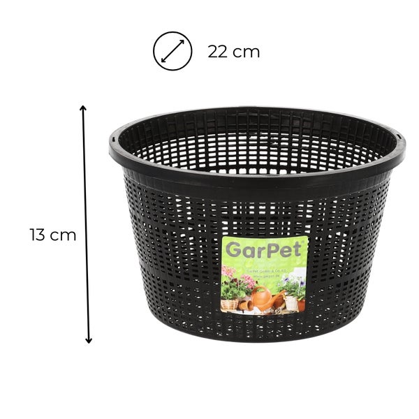 Schwarzer Pflanzkorb mit einer Höhe von 13 cm und einem Durchmesser von 22 cm.