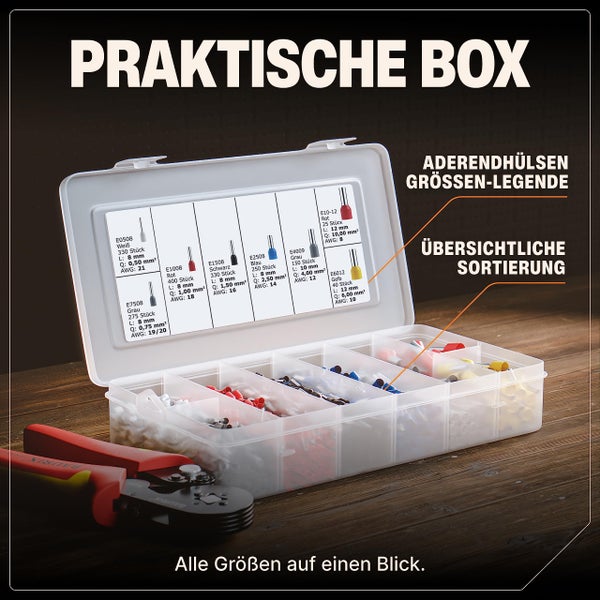 BAURIX ® 1200 Stück Aderendhülsen Sortiment I Isolierte Hülsen nach DIN 46228-4: 2020-03 I 0,5 mm² - 10 mm² I Profi Isolierhülsen Set