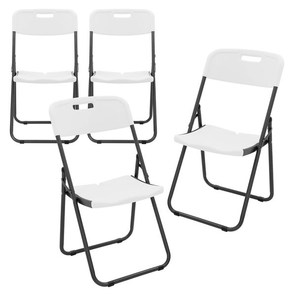 Vier weiße Klappstühle mit Metallrahmen