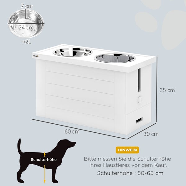 PawHut 2-in-1 Erhöhter Hundenapf Höhenverstellbar Futternapf mit Ständer Stauraum 2 x 2L Edelstahlnäpfen Langsamfuttermatte Fressnapf Futterstation Hundenäpfe für Große Hunde Katzen Weiß