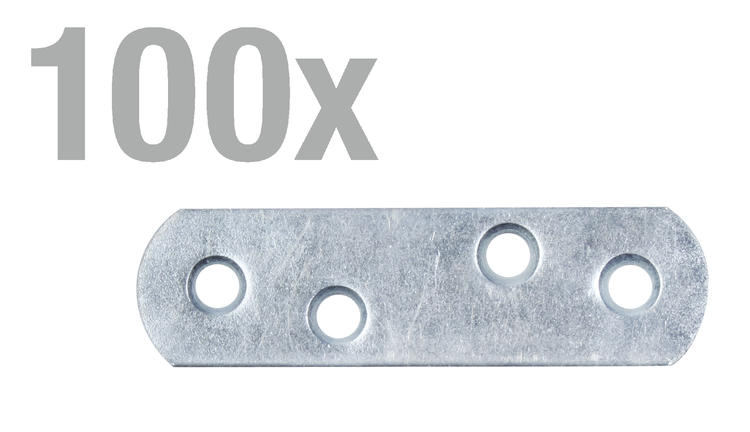 Set mit einhundert Stück verzinkten Flachverbindern aus Metall zur stabilen Verbindung von Holzbauteilen.