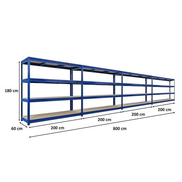 Langes, blaues Schwerlastregal mit vier Ebenen und den Maßen 180 cm Höhe, 60 cm Tiefe und 800 cm Länge.