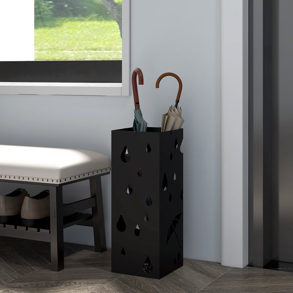HOMCOM Regenschirmständer Schirmständer mit 4 Haken, Wasserauffangschale Regenschirmhalter für Flur, Regenschirme & Gehstöcke Stahl 15,5 x 15,5 x 40 cm Schwarz