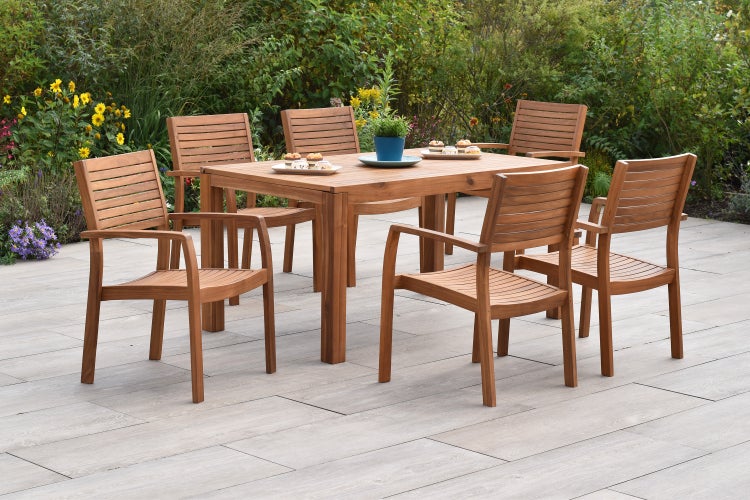 Batavia Set 7tlg., 6 Stapelsessel, Ausziehtisch 150 (200) x 90 cm, Akazie
