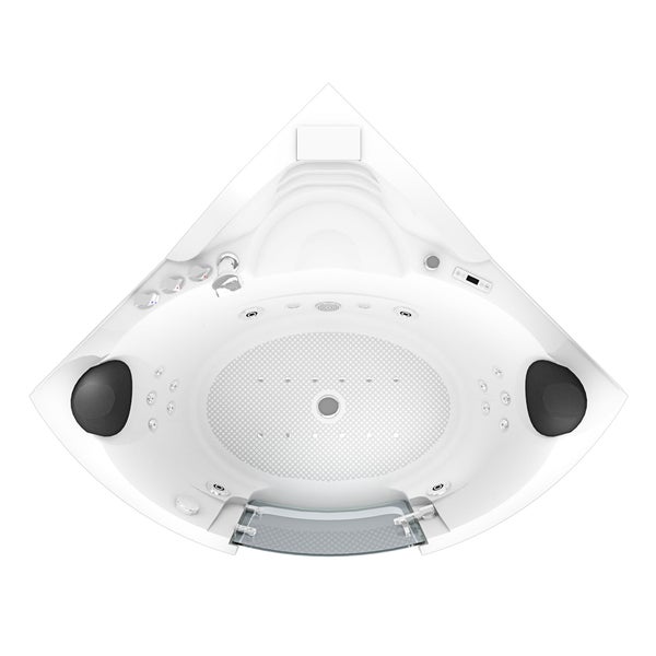 Eck-Whirlpool mit Massagedüsen, zwei Nackenkissen, Armaturen und Glaseinstieg, Draufsicht.