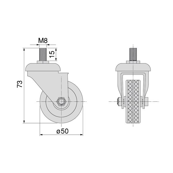 Technische Zeichnung einer Möbelrolle mit M8-Gewinde, 15 Millimeter Gewindelänge, 50 Millimeter Raddurchmesser und 73 Millimeter Gesamthöhe.