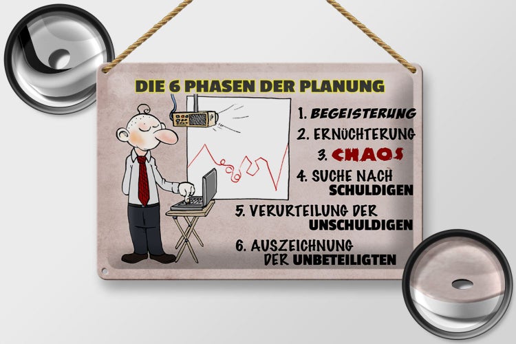 Blechschild Spruch 30x20cm 6 Phasen der Planung