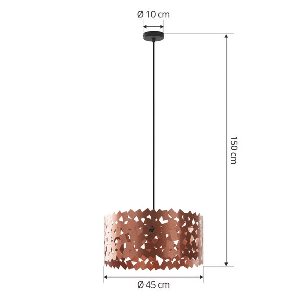 Pendelleuchte mit kupferfarbenem Schirm im geometrischen Design, Durchmesser 45 Zentimeter, Gesamthöhe 150 Zentimeter, Baldachin 10 Zentimeter.