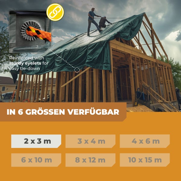 Bauarbeiter decken Dachstuhl mit Abdeckplane ab. Detail einer verstärkten Öse. In sechs Größen von zwei mal drei bis zehn mal fünfzehn Metern.