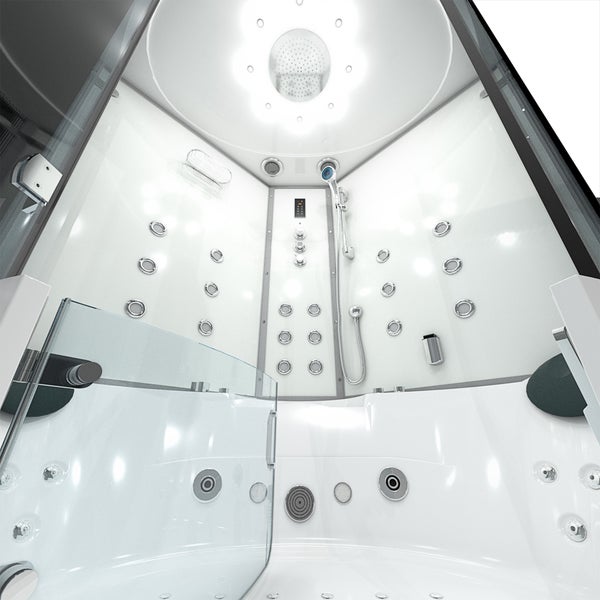 Innenansicht einer modernen weißen Duschkabine mit Badewannenfunktion, mehreren Massagedüsen, Regenduschkopf, Handbrause und Glastüren.