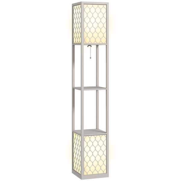 Graue Stehleuchte mit integriertem Regal, zwei beleuchtete Fächer mit Gittermuster und ein offenes Ablagefach, inklusive Zugschalter.