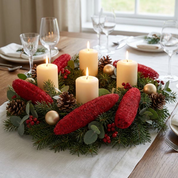 Weihnachtlicher Adventskranz mit vier Stumpenkerzen geschmückt mit Tannenzweigen, Zapfen, roten Dekoartikeln und Kugeln auf einem Esstisch.