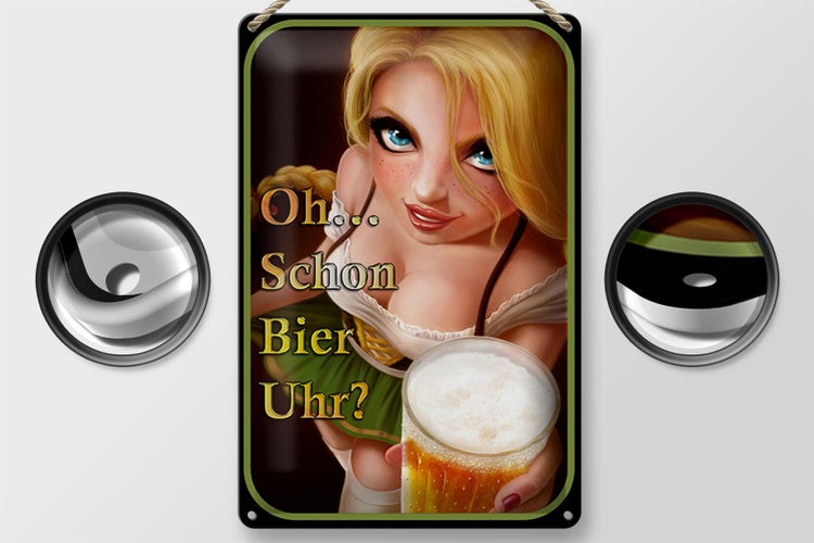 Blechschild Spruch 20x30cm Pinup Oh schon Bier Uhr