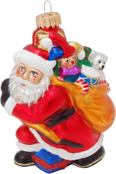 Multicolor 10cm Weihnachtsmann mit Geschenksack, Glasornament, mundgeblasen und handdekoriert, 1 Stck., Weihnachtsbaumkugeln, Christbaumschmuck, Weihnachtsbaumanhänger