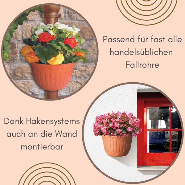 Montagebeispiele einer terracottafarbenen Pflanzampel zur Anbringung an Regenrohren und Wänden