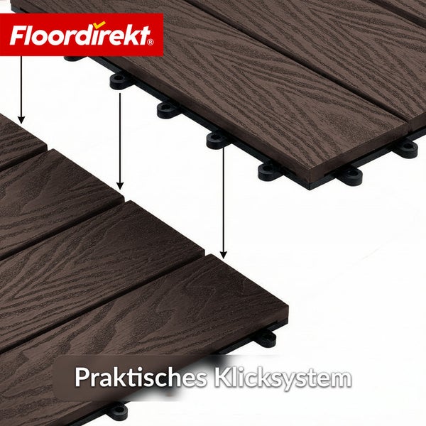Floordirekt Logo. Nahaufnahme von braunen Terrassendielen mit praktischem Klicksystem.
