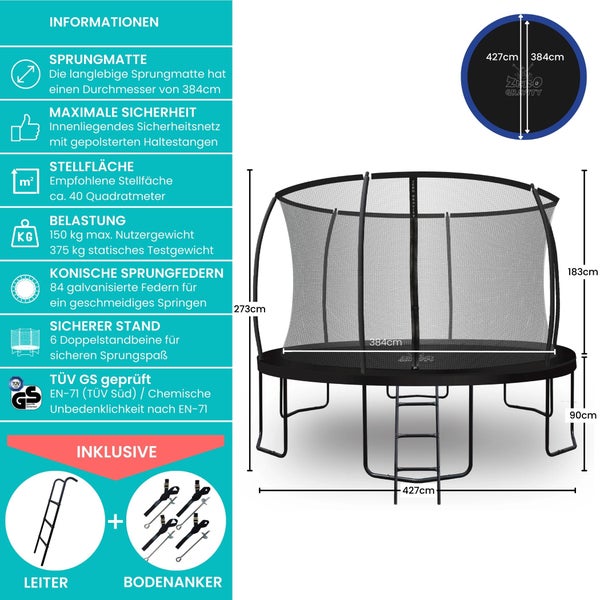 Informationen zu Trampolin mit Sicherheitsnetz, Leiter, Erdanker und den Maßen