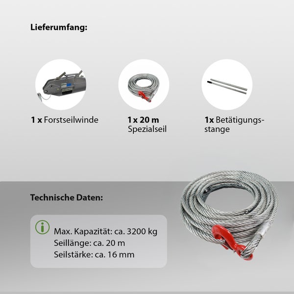 Lieferumfang und technische Daten einer Forstseilwinde mit 20 Meter Spezialseil, Betätigungsstange und einer Tragkraft von 3200 Kilogramm.