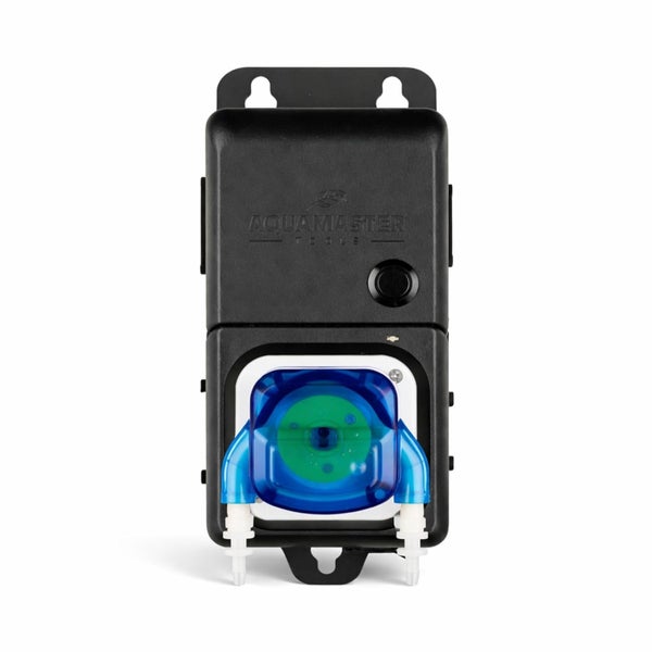 Aquamaster Peristaltikpumpe zur präzisen Dosierung von Flüssigkeiten, schwarzes Kunststoffgehäuse mit Wandhalterung.