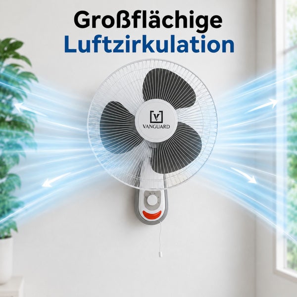 VANGUARD Wandventilator an einer Wand mit grafischer Darstellung der großflächigen Luftzirkulation in einem hellen, aufgeräumten Raum.