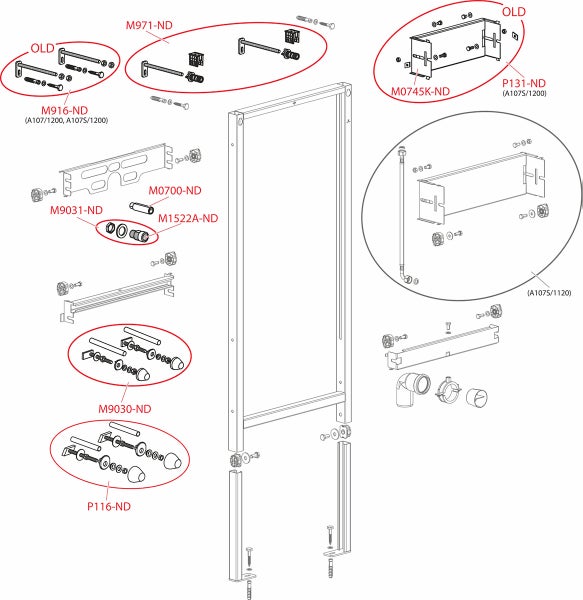 Explosionszeichnung eines Vorwandelements mit Ersatzteilen, Befestigungsmaterial, Rahmen und Rohrverbindungen.