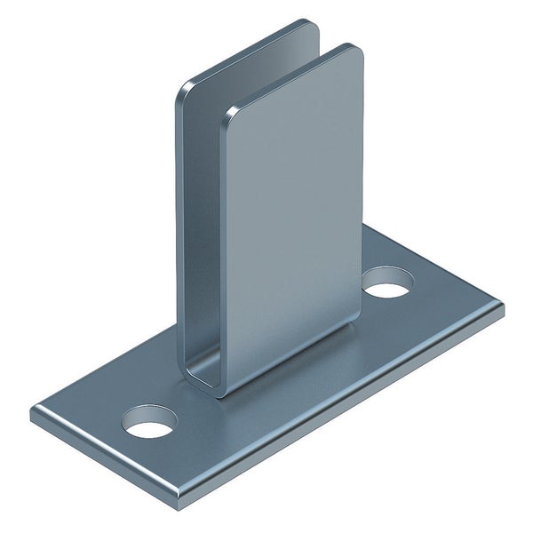 U-Profil-Halter aus Metall mit rechteckiger Grundplatte und zwei Befestigungslöchern.